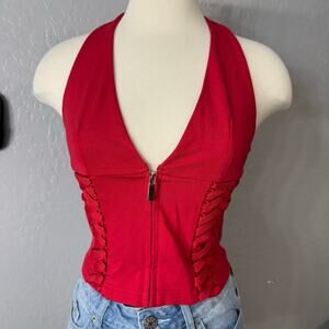 Cider V-neck Halter Zipper Lace Up Top, Red, S